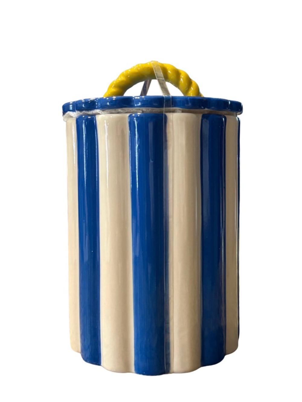 POTTERS STUDIO NEW ceramic ribbed striped lidded canister -blue/white/yellow